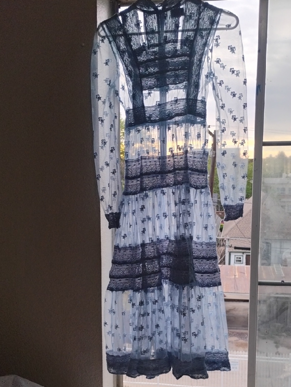 Only Sheer Lace Tiered Maxi Dress in Navy and White